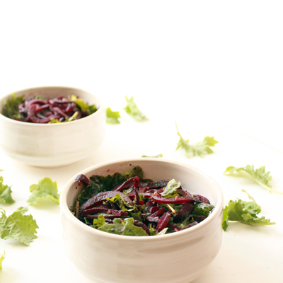 Roasted Beet Noodles with Pesto and Baby Kale